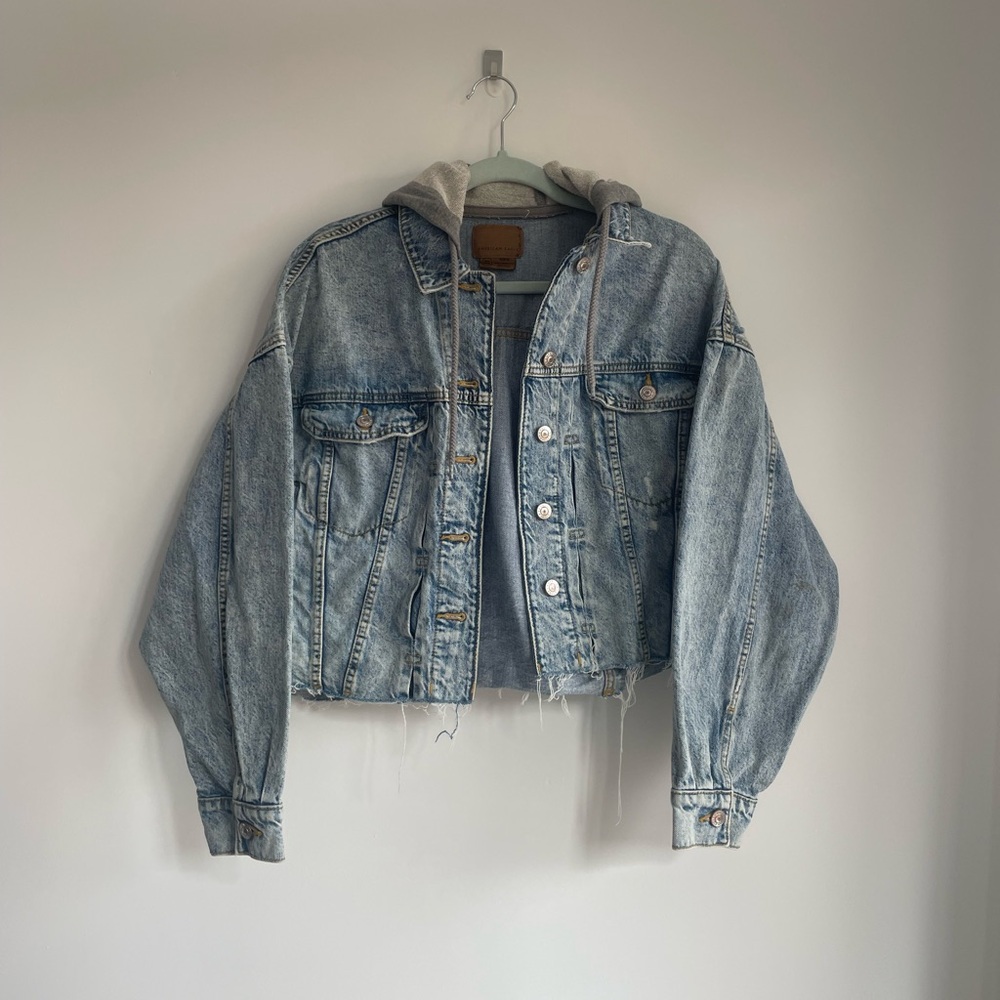 American Eagle Outfitters Blue Jean Jacket with Gray Hood